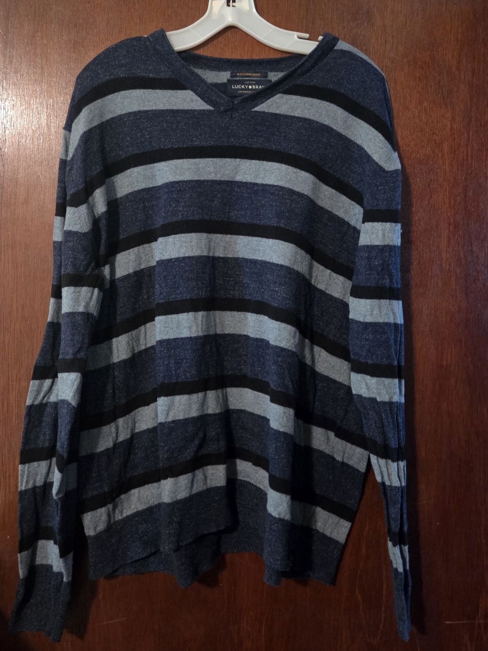Lucky Brand Men’s Navy and Gray Striped V-Neck Sweater